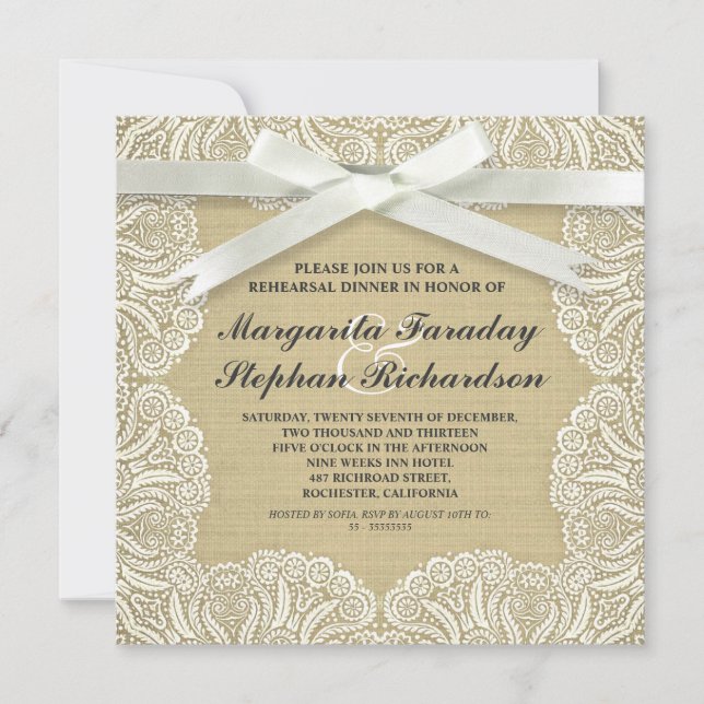 Invitation lace ribbon & burlap rustic rehearsal dinner (Devant)