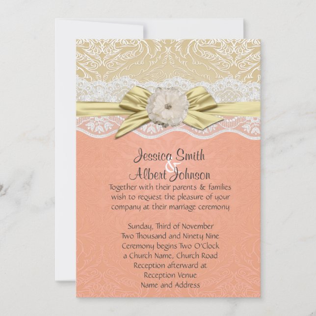 Invitation Lace Ribbon Gold/Coral Mariage damassé (Devant)