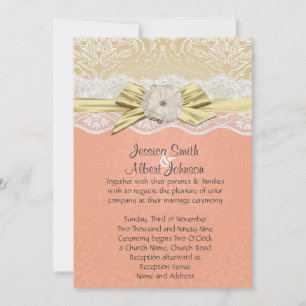 Invitation Lace Ribbon Gold/Coral Mariage damassé