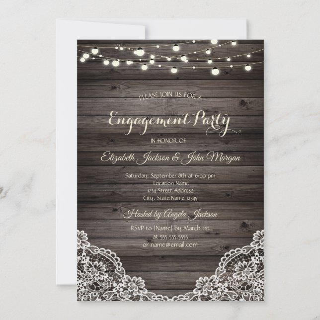 Invitation Lace rustique, guirlande lumineuse en bois (Devant)