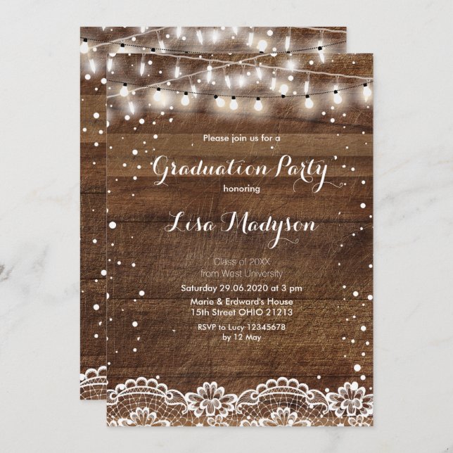 Invitation Lace String Lights Graduation Party Card Rustic (Devant / Derrière)