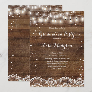 Invitation Lace String Lights Graduation Party Card Rustic