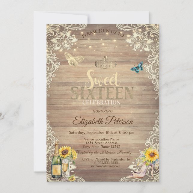 Invitation Lace Sunflowers High Heels Wood Sweet 16 Party (Devant)