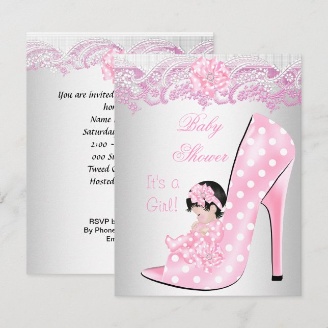 Invitation Lacet de chaussure de bébé rose pour une baby show (Devant / Derrière)