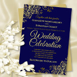 Invitation Lacy Gold Filigree on Navy Simple Elegant Wedding<br><div class="desc">Cette belle faire-part de mariage présente une conception simple mais élégante de texte doré sur un arrière - plan bleu marine avec des bordures florale en feuille d'or. Bienvenue à vos invités pour partager votre journée de célébration mariage spéciale avec ces magnifiques invitations sophistiquées avec des textes d'or. Un mariage...</div>
