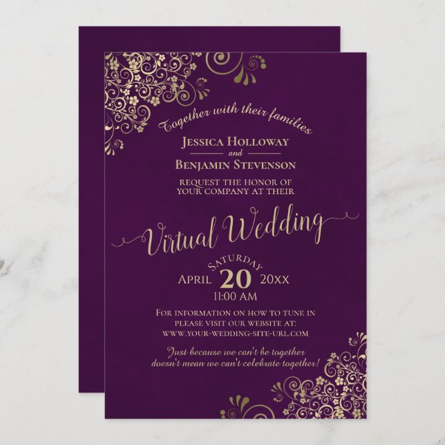 Invitation Lacy Gold Fragments sur Plum Purple Mariage virtue (Devant / Derrière)