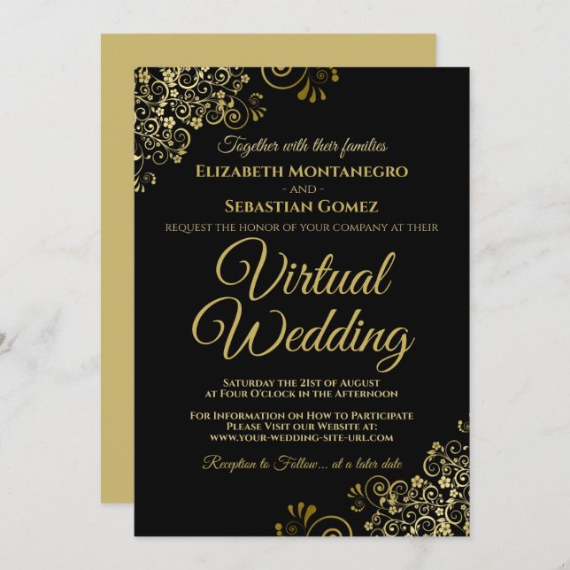 Invitation Lacy Gold Frills sur Black Elegant Virtual Mariage (Devant / Derrière)