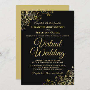 Invitation Lacy Gold Frills sur Black Elegant Virtual Mariage