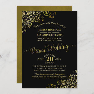 Invitation Lacy Gold Frills sur Black Elegant Virtual Mariage