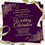 Invitation Lacy Gold Frills sur Plum Purple Mariage élégant<br><div class="desc">Cette belle faire-part de mariage est décorée avec des boucles et des tourbillons dorés ornés d'or et des lettres de script doré sur un arrière - plan de prune violette en marbre luxuriant. Le design est simple mais élégant, avec un style glamour luxueux. Merveilleuse façon d'invitation vos amis et votre...</div>