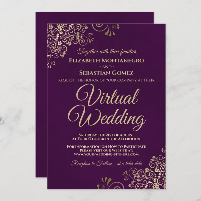 Invitation Lacy Gold Frills sur Purple Elegant Mariage virtue (Devant / Derrière)