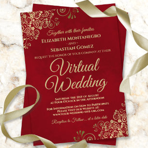 Invitation Lacy Gold Frills sur Red Elegant Virtual Mariage