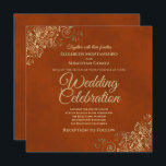 Invitation Lacy Gold Frills sur rouille Orange Elégant mariag<br><div class="desc">Cette belle faire-part de mariage est décorée avec des boucles et des tourbillons dorés ornés d'or et des lettres de script doré sur un arrière - plan de couleur orange rouille ou rouge brûlé. Le design est simple mais élégant, avec un style glamour luxueux. Merveilleuse façon d'invitation vos amis et...</div>