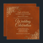 Invitation Lacy Gold Frills sur rouille Orange Elégant mariag<br><div class="desc">Cette belle faire-part de mariage est décorée avec des boucles et des tourbillons dorés ornés d'or et des lettres de script doré sur un arrière - plan de couleur orange rouille ou rouge brûlé. Le design est simple mais élégant, avec un style glamour luxueux. Merveilleuse façon d'invitation vos amis et...</div>