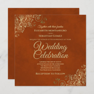 Invitation Lacy Gold Frills sur rouille Orange Elégant mariag