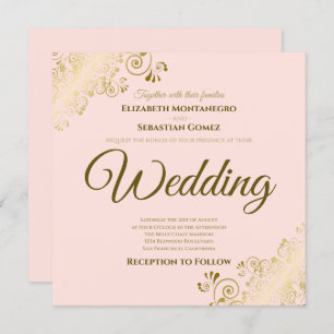 Invitation Lacy Gold sur Blush Pink Elegant Mariage Carré