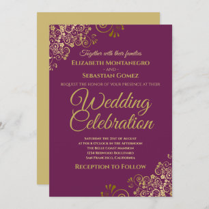 Invitation Lacy Gold sur Cassis Purple Simple Mariage élégant