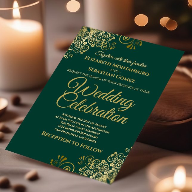 Invitation Lacy Gold sur Emerald Green Simple Mariage élégant (In Situ with Candle)
