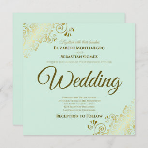 Invitation Lacy Gold sur Mint Green Élégant Mariage Carré