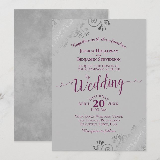 Invitation Lacy Silver Elegant Cassis Purple sur Mariage gris (Devant / Derrière)