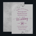Invitation Lacy Silver Elegant Cassis Purple sur Mariage gris<br><div class="desc">Cette belle faire-part de mariage présente un design simple mais élégant avec cassis dentée violet ou magenta calligraphie sur un arrière - plan gris et frilly argent gris faux feuille dans les coins. Le libellé est formel,  mais la disposition est moderne et design.</div>