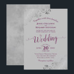 Invitation Lacy Silver Elegant Cassis Purple sur Mariage gris<br><div class="desc">Cette belle faire-part de mariage présente un design simple mais élégant avec cassis dentée violet ou magenta calligraphie sur un arrière - plan gris et frilly argent gris faux feuille dans les coins. Le libellé est formel,  mais la disposition est moderne et design.</div>