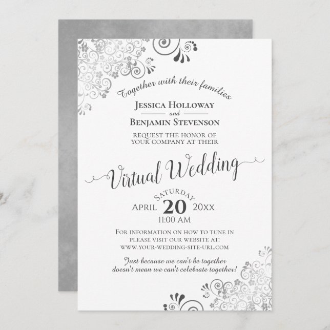 Invitation Lacy Silver Grey & White Elegant Mariage virtuel (Devant / Derrière)