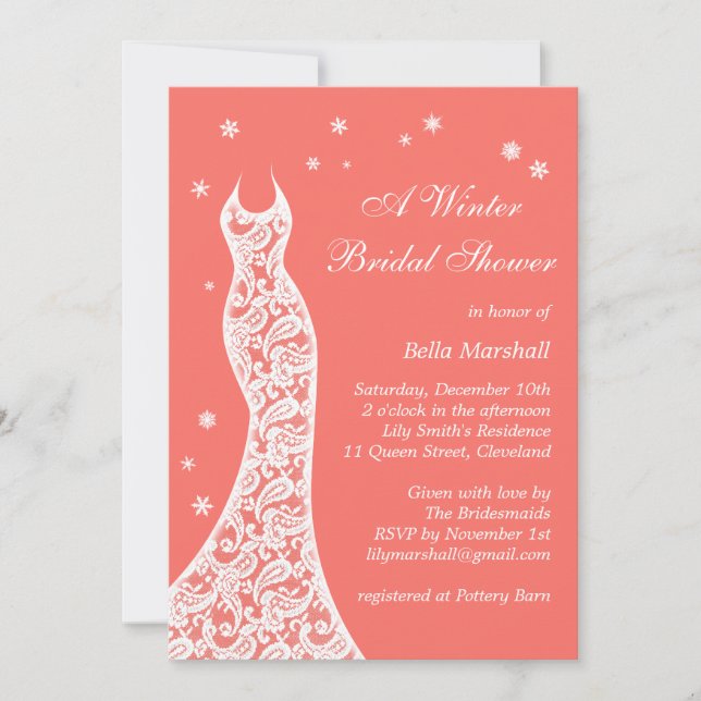 Invitation Lacy Vivant Corail Hiver Nuptiale Douche Invitatio (Devant)