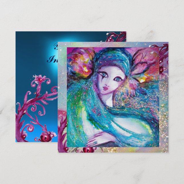 Invitation LADY BLUE MASK Elégante Masquerade Party, Sapphire (Devant / Derrière)