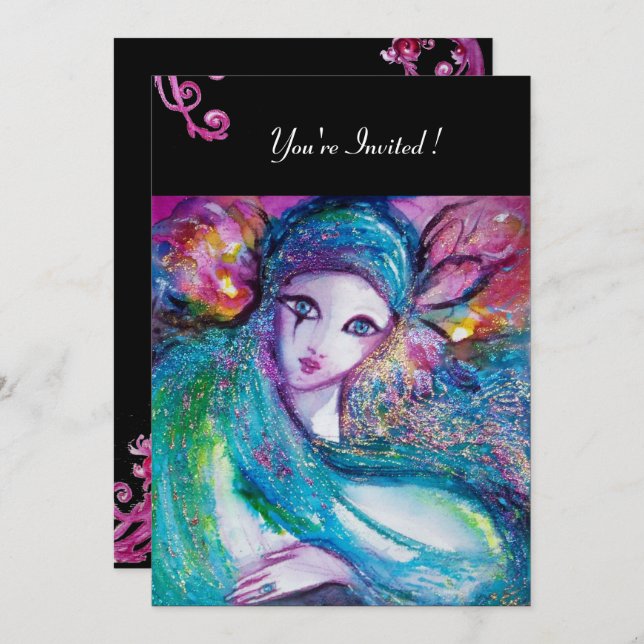 Invitation LADY BLUE MASK Fête de Mascarade Tourbillons Rouge (Devant / Derrière)