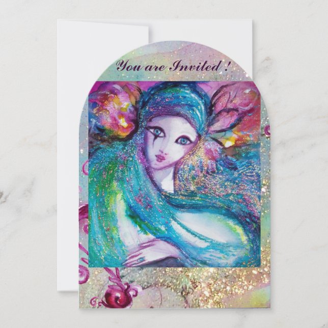 Invitation LADY BLUE MASK Masquerade Party Floral Swirls (Devant)