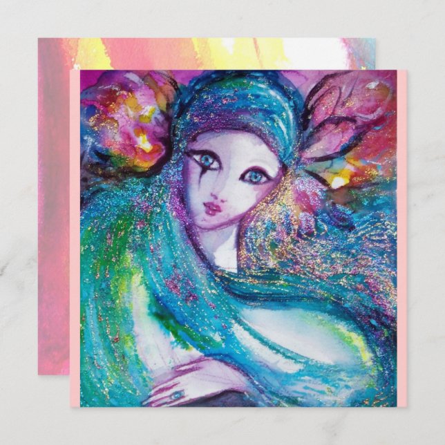 Invitation LADY BLUE MASK Masquerade Party Pink Turquoise Inv (Devant / Derrière)