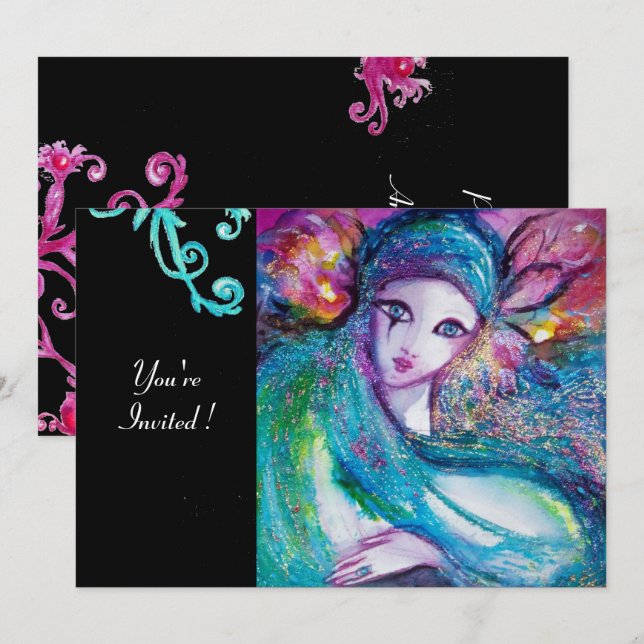 Invitation LADY BLUE MASK Masquerade Party, Red Swirls Black (Devant / Derrière)