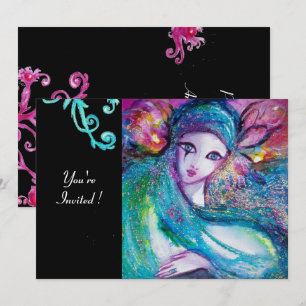 Invitation LADY BLUE MASK Masquerade Party, Red Swirls Black