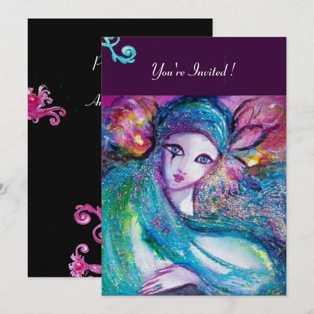 Invitation LADY BLUE MASK Masquerade Party, Rose Turquoise no (Devant / Derrière)