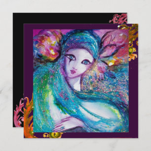 Invitation LADY BLUE MASK Red Yellow Swirls Masquerade Party