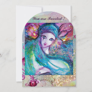 Invitation LADY BLUE MASK Soirée de Mascarade Floral Swirls