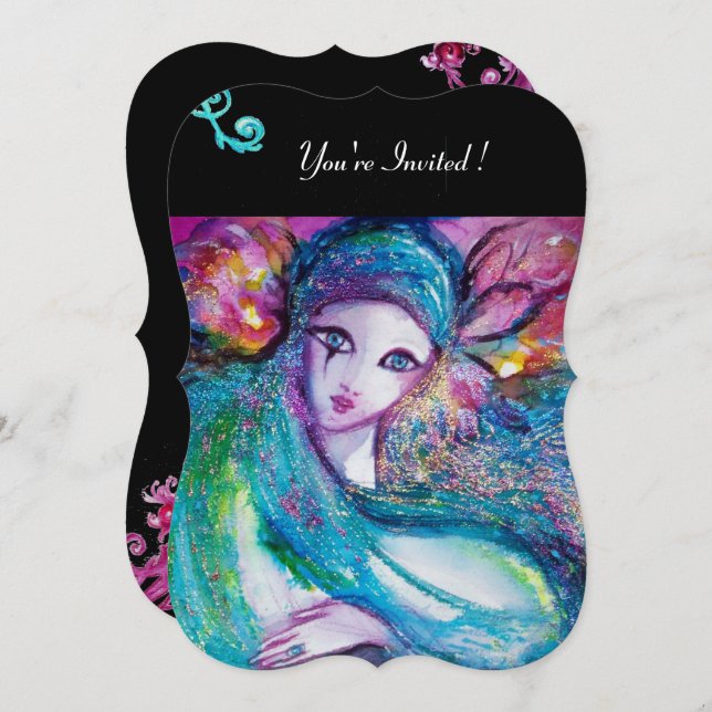 Invitation LADY BLUE MASK Soirée Mascarade, Fleurs Rouge Noir (Devant / Derrière)