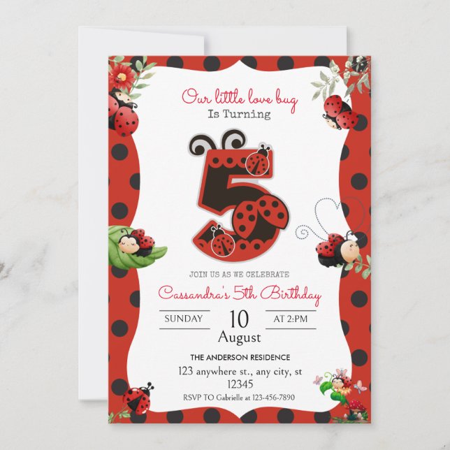 Invitation Lady Bug 5e fête d'anniversaire (Devant)
