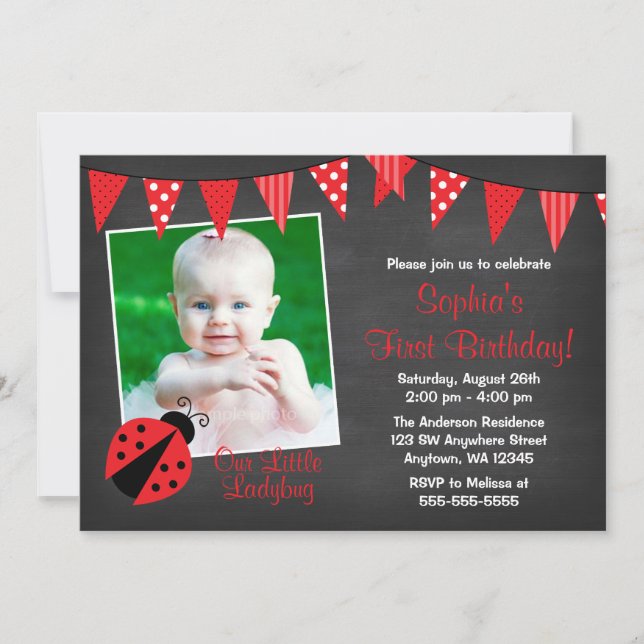 Invitation Ladybug Chalkboard Photo Anniversaire (Devant)