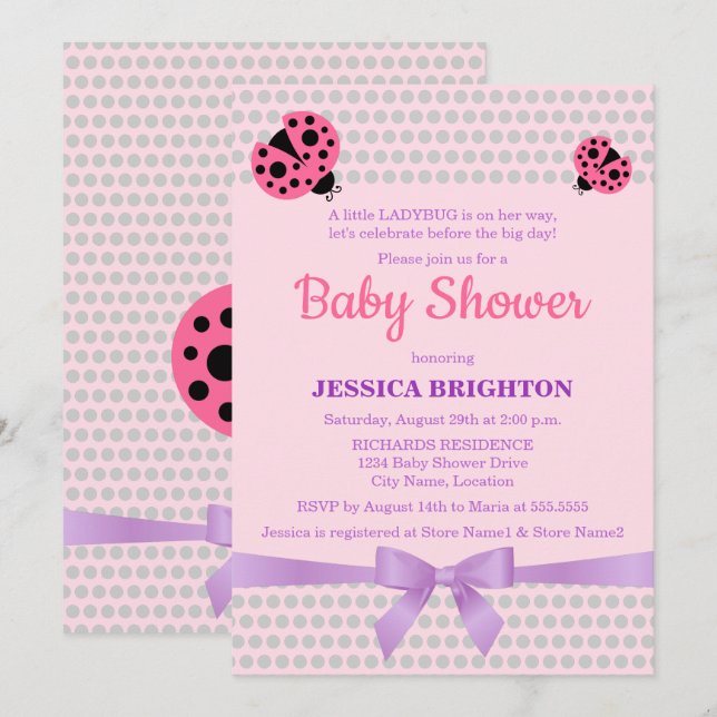 Invitation Ladybug dans le Baby shower de ruban rose et lavan (Devant / Derrière)