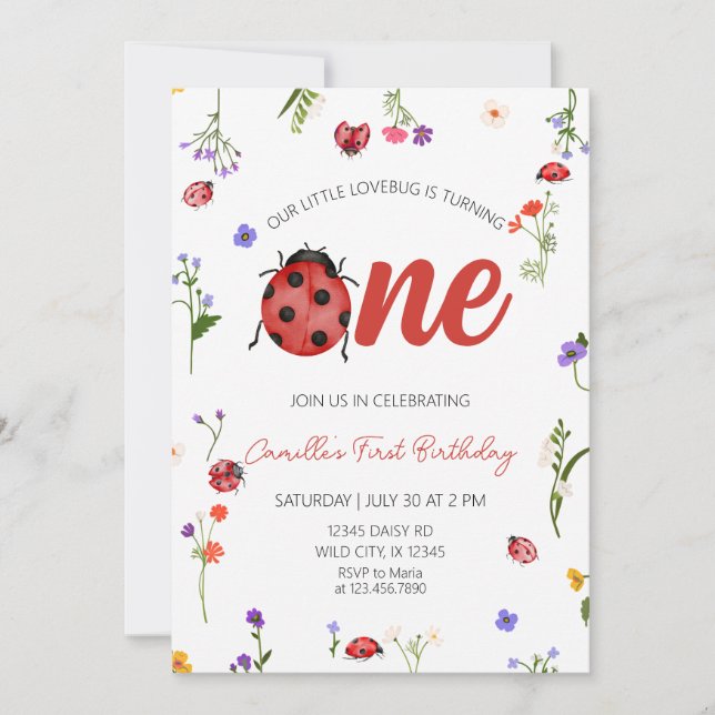 Invitation Ladybug First Birthday  (Devant)
