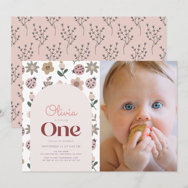 Invitation Ladybug & Flower Arch 1er Anniversaire Photo (Devant / Derrière)