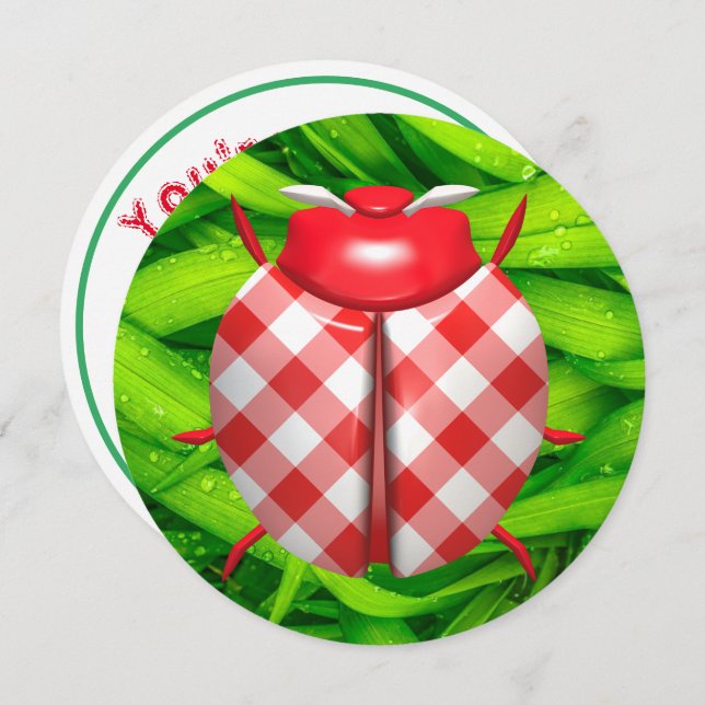 Invitation Ladybug grass en vichy vérifier mignon rouge blanc (Devant / Derrière)