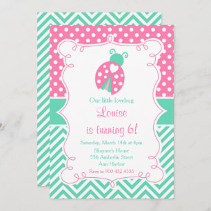 Invitation Ladybug Ladybird Pink fête d'anniversaire