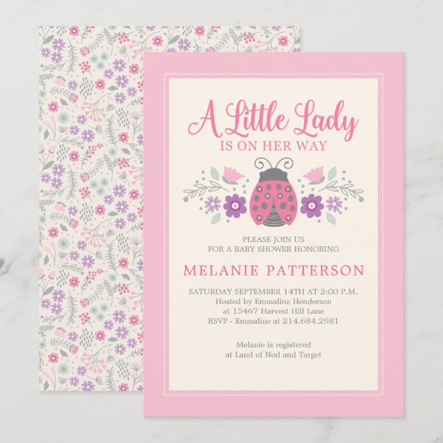 Invitation Ladybug mignon Baby shower floral rose fille (Devant / Derrière)