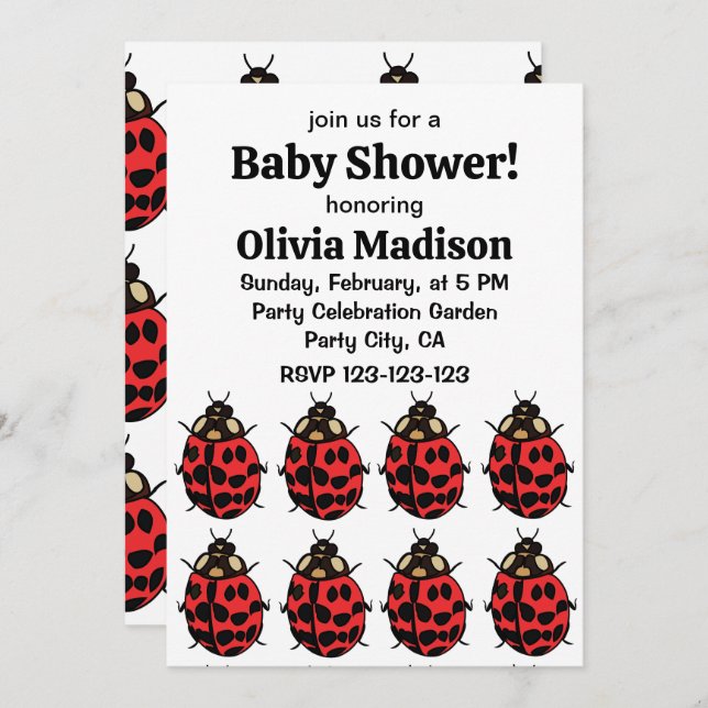 Invitation Ladybug Red Black Insect Ladybug Baby Girl Douche (Devant / Derrière)