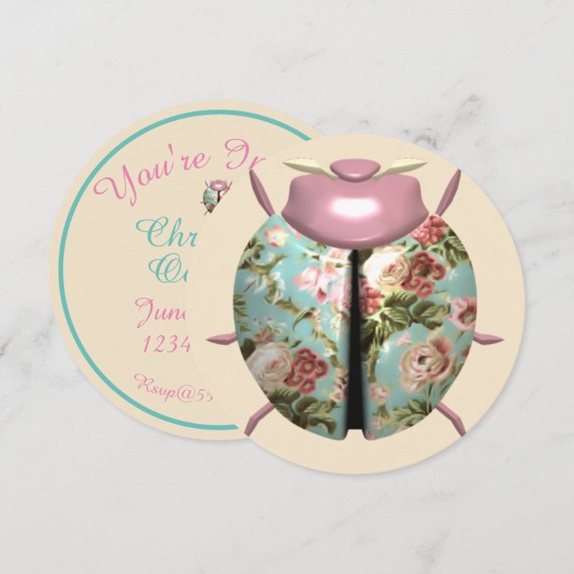 Invitation Ladybug rose floral victorien mignon (Devant / Derrière)