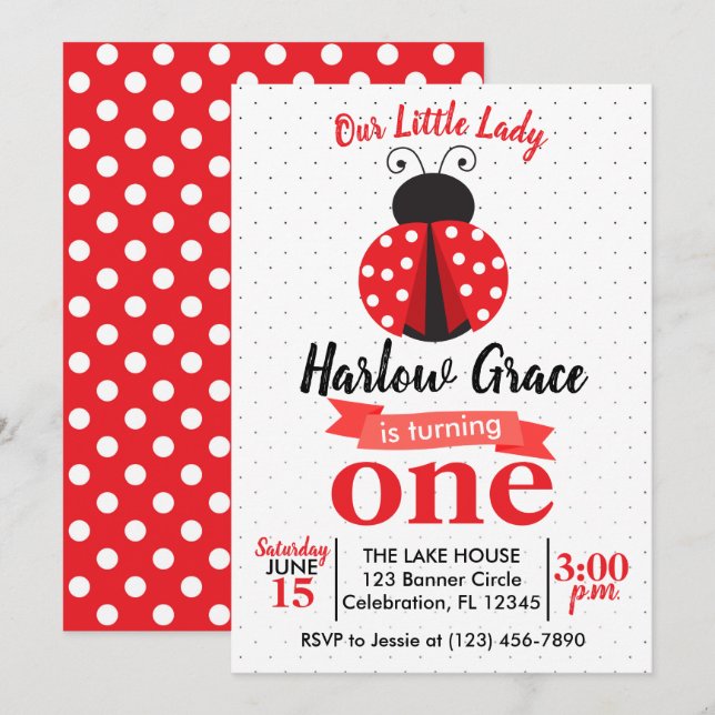 Invitation Ladybug rouge et noir Polka point anniversaire (Devant / Derrière)