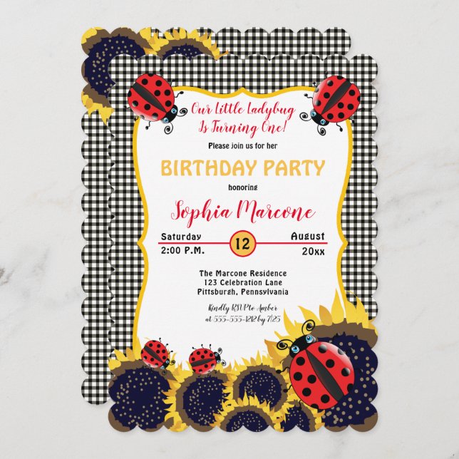 Invitation Ladybugs et tournesols Fille 1er anniversaire (Devant / Derrière)